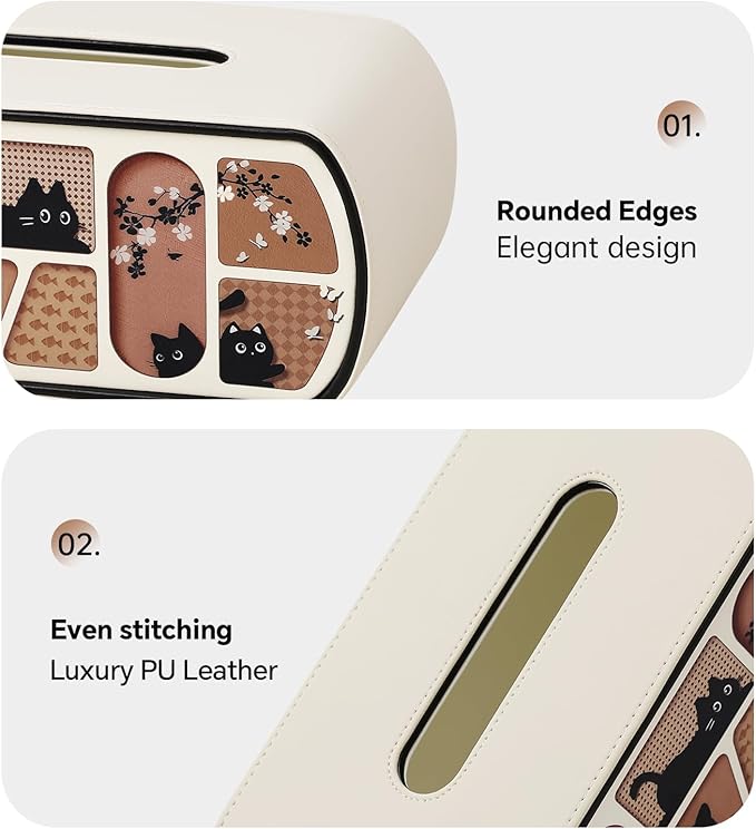 MEIBOOCH Cat-Themed Tissue Box Cover Rectangle, Stylish Tissue Holder for up to 4 Inches High Boxes, Curved Edge Tissue Box Holder (Beige)