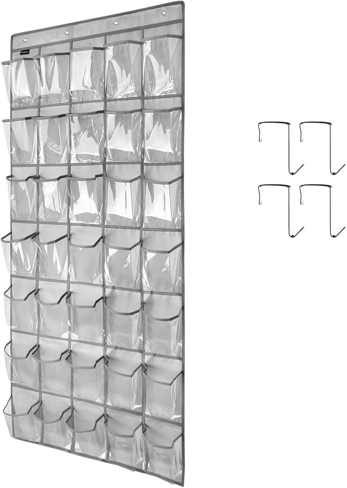 TidyMaster Clear Crystal 1 Pack 35 Pockets Large Hanging Shoe Organizer Over The Door Shoe Rack for Closet Door Storage Shoe Holder Hanger, 4Hooks, grey