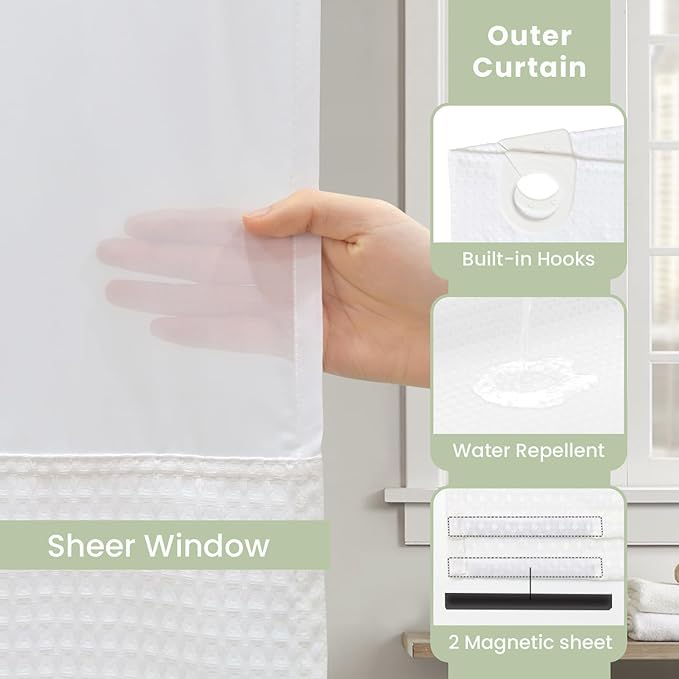 Inhousolu Extra Long No Hook Shower Curtain with Snap in Fabric Liner Set Waffle Weave 230GSM Weighted Hem, Waterproof & Washable Bathroom Curtain Spa Luxury with Mesh Top Window 72" W x 84" L White