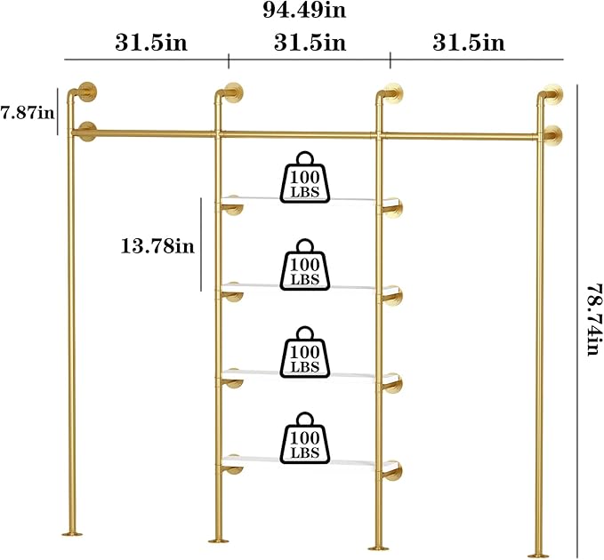 KAILNKISS Industrial Pipe Clothing Rack, Wall Mounted Clothes Rack Gold Clothing Rack with Shelves Clothes Hanging Shelf-94.5''L Gold