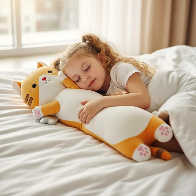 Long Cat Plush Pillow, Cute Cat Stuffed Animal Body Pillow with Wings, Soft Kawaii Kitty Hugging Pillow, Christmas Valentine's Birthday Gift for Kids Girls Boys (Yellow, 60cm/23.62in)