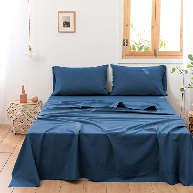 Simple&Opulence Belgian Linen Sheet Set Solid Color - 4 Pieces (1 Flat Sheet, 1 Fitted Sheet & 2 Pillowcases) Natural Flax Cotton Blend Soft Breathable Farmhouse Bedding - Full Size, Classic Blue