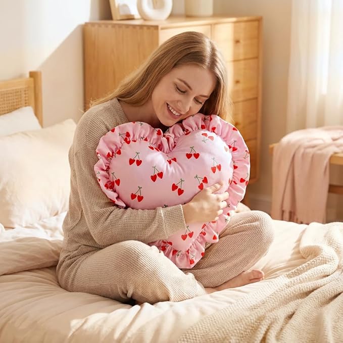 VigorSpring Valentines Pink Heart Shaped Pillow (15.7x15.7 Inches), Cute Cherry Print & Ruffled Edge Decorative Throw Pillow for Couch Bed Bedroom Living Room