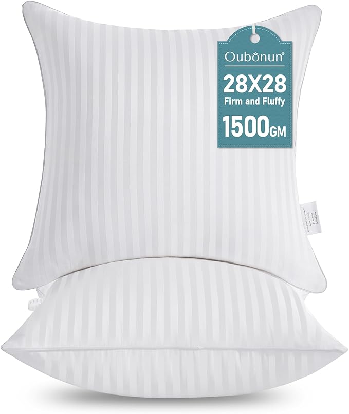Oubonun 28 x 28 Throw Pillow Inserts, Firm and Fluffy Decorative Square Pillows for Couch Bed Sofa with Soft Cotton Cover White Cushion with Down Alternative Pack of 2