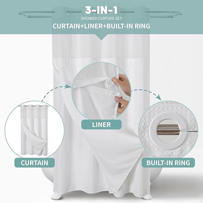 eachope White No Hook Waffle Weave Shower Curtain with snap-in Liner Replacement, 230GSM Waterproof Fabric Hotel Shower Curtain Set for Bathroom, Through Mesh Top Window,48Wx74H