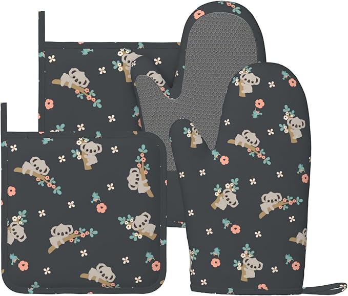 Cute Koala Oven Mitts and Pot Holders Set of 4 Silicone Heat Resistant Oven Mitten Potholders Non Slip Gloves Kitchen Decor for BBQ Cooking Grilling Baking