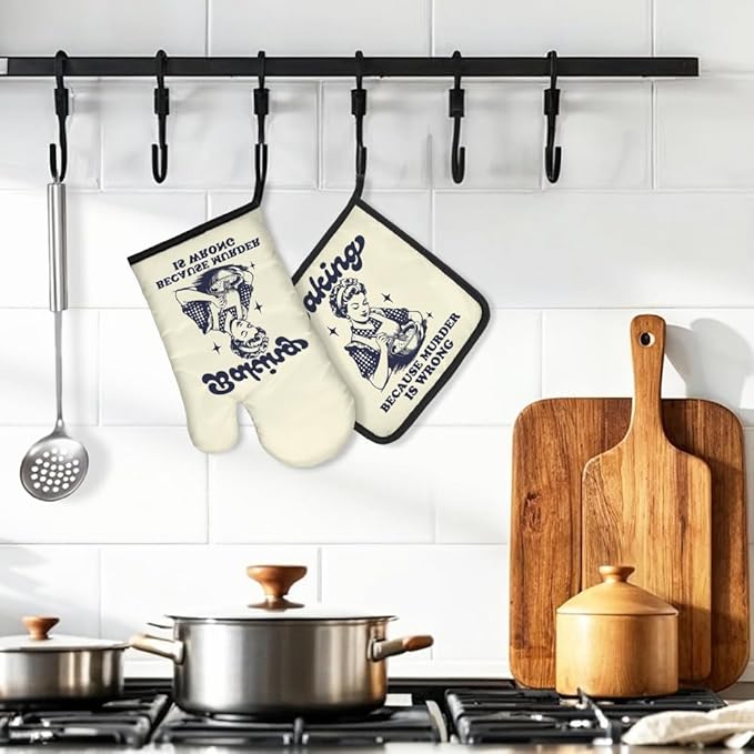 DYJYBMY Baking Because Murder is Wrong Funny Oven Mitts and Pot Holder Set, Humorous Vintage Lady Kitchen Gadgets for Women, Birthday Gifts for Bake Lover Chef, Hostess Gifts for Mom Wife Sister BFF