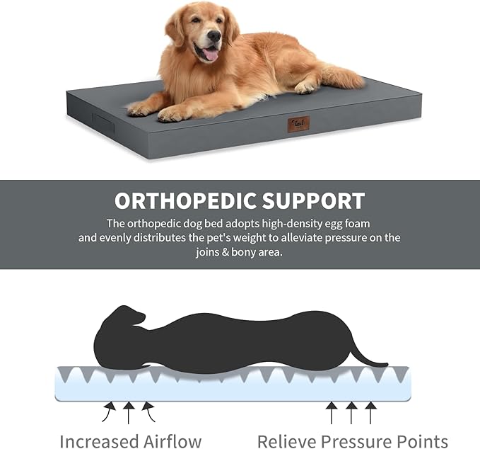 Tail Stories Outdoor Extra Large Dog Bed, Waterproof Dog Bed for Large Dogs, Egg Crate Foam XL Pet Bed with Removable Washable Oxford Cooling Cover, Grey