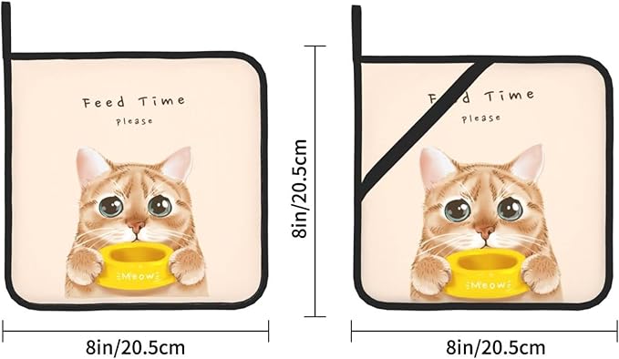 2PCS Cute Cat Pot Holders Set for Kitchen, “Feed Time Please” Animal Printed Potholders with Great Heat Resistance, Hot Pads, Trivets for Cooking and Baking 8x8
