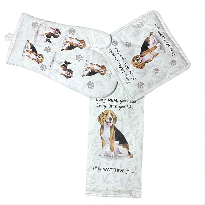 Beagle 3-Piece Kitchen Set - Oven Mitt, Pot Holder & Kitchen Towel Set, Heat Resistant up to 420 F, Soft Quilted Cotton for Cooking, Baking, BBQ, Pet Lover Gifts (Beagle)