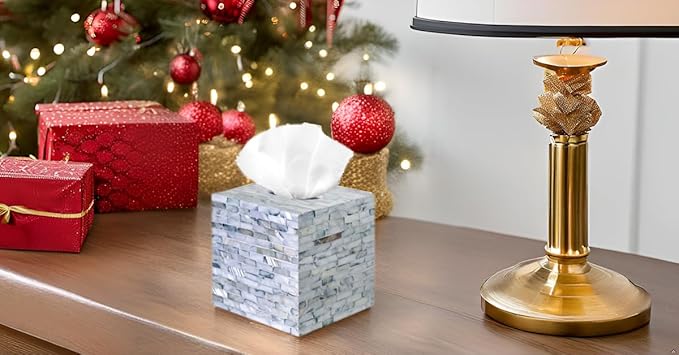 PEMAR Handcrafted Wooden Tissue Box Cover for Small Cube Tissue Boxes Only (Max Inner Size 4.7”) – Mother of Pearl Inlay Decorative Tissue Holder for Bathroom, Living Room & Office (Blue)