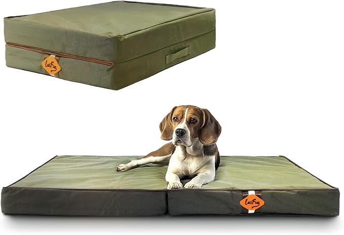 Laifug Foldable Waterproof Dog Bed for Large Dogs - Outdoor Orthopedic Dog Bed with Washable Removable Cover, Pet Mattress with Handles, Army Green, (36 x 27 x 3.5, inches)