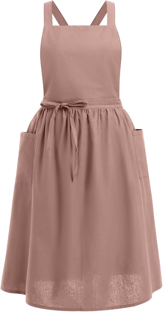 ODIZLI Frill Apron for Women Cotton Cross Back Vintage Ruffle Apron for Garden Cooking Aprons