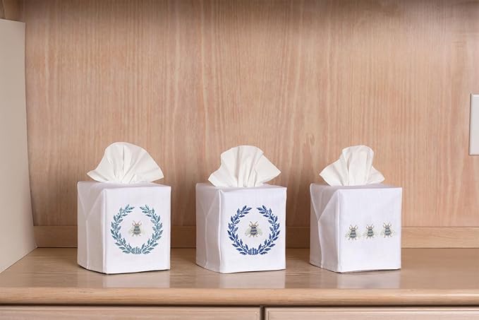 Jacaranda Living Square Tissue Box Cover, Linen/Cotton Fabric Tissue Holder, Decorative Cloth Tissue Cube Cover, Nature Designs Napoleon Bee Wreath (Blue)
