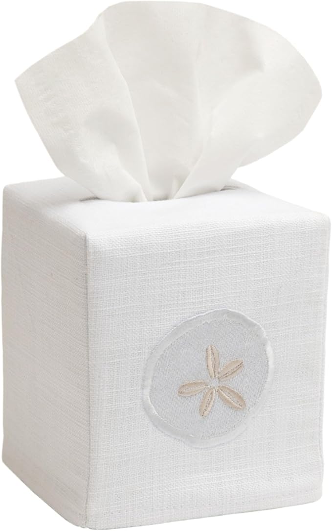 Jacaranda Living Square Tissue Box Cover, Linen/Cotton Fabric Tissue Holder, Decorative Cloth Tissue Cube Cover, Coastal Designs Sand Dollar (Cream)