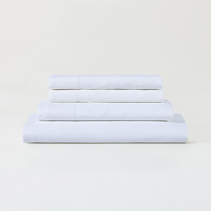 Sijo Stone Washed Organic French Linen Bed Sheet Set, GOTS Certified Organic, Best Cooling Linen Sheet Award by Sleep Foundation, 1 Flat Sheet Only (Snow, King/Cal King)