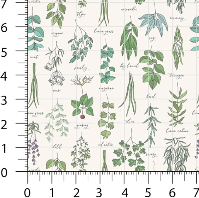 Patchwork Fabric Panel 100x155 cm, 100% Cotton Satin, 6 Coordinated Botanical & Gingham Patterns, Green Nature Quilting & Sewing Fabric (Fresh Herbs, 6pcs 50x50cm)