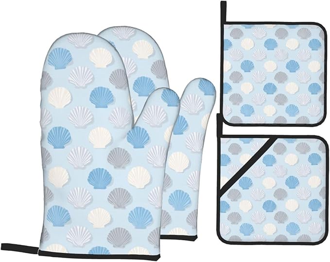 Oven Mitts and Pot Holders Sets of 4 Summer Seashell Blue Pastel Kitchen Potholder Gloves Heat Resistant Non-Slip for Chef Baking Cooking Grilling BBQ Mittens
