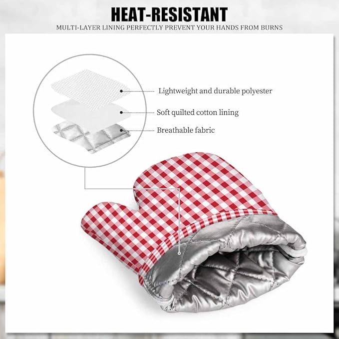 Mxocom Gingham Red White Checked Tartan Heat-Resistant Oven Mitts and Pot Holder Abstract Lattice Criss-Crossed Kitchen Non-Slip Cooking Microwave Gloves for Cooking Baking Grilling