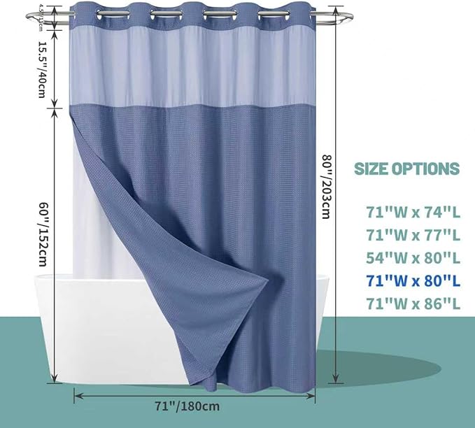 eachope MoonLightBlue Long No Hook Waffle Weave Shower Curtain with snap-in Liner Replacement, 230GSM Waterproof Fabric Hotel Shower Curtain Set for Bathroom, Through Mesh Top Window,71Wx80H
