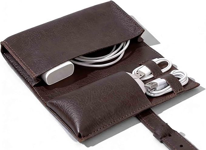 DUWUZEST Vintage PU leather Electronic organizer travel case,cord organizer travel, Leather charger shortage for essentials mouse, adapter, cables (Dark coffee)