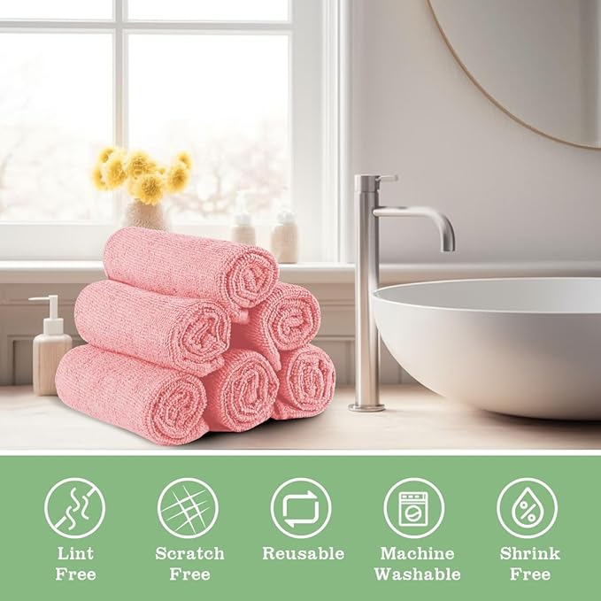 UNIMADE Washcloths - 20 Pack - Face Towels (12" x 12"), Highly Soft Wash Cloths and Hand Towels, Fast Drying Multi-Purpose Microfiber Cleansing Cloths for Bathroom, Hotel, Spa, and Salon - Pink