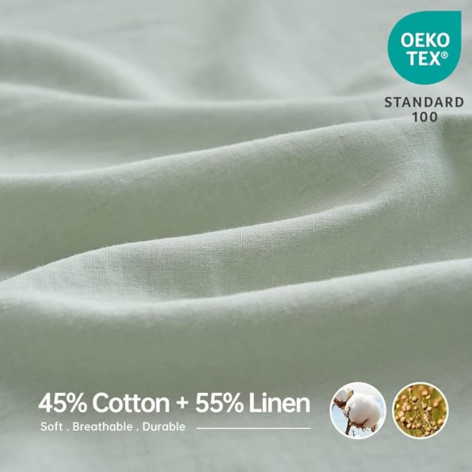 Simple&Opulence Belgian Linen Sheet Set Solid Color - 4 Pieces (1 Flat Sheet, 1 Fitted Sheet & 2 Pillowcases) Natural Flax Cotton Blend Soft Breathable Farmhouse Bedding - King Size, Mint Green