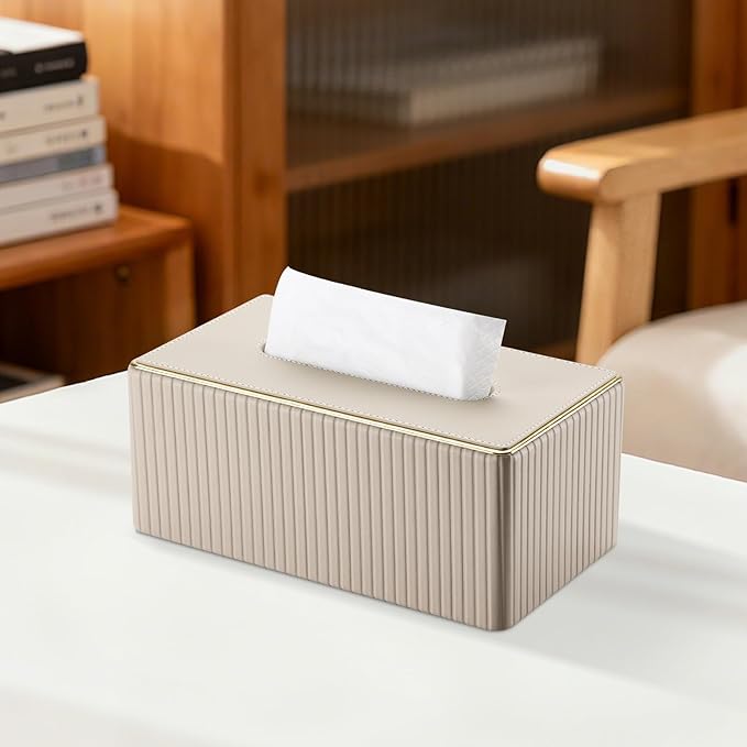 KINGFOM Rectangular Tissue Box Cover, PU Leather Tissue Box Holder with Magnetic Bottom, Napkin & Facial Tissue Holder Dispenser Decorative Box Cover for 120-count (3-Ply) 160-count (2-Ply) Beige