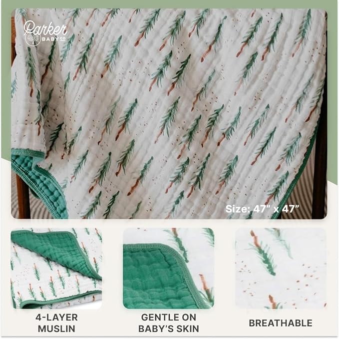 Parker Baby Muslin Blanket | 100% Soft Cotton Toddler Quilt & Baby Muslin Swaddle | Gender Neutral Design 47" x 47" Blanket