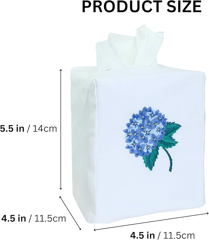 Fabric Tissue Box Cover Set of 2, Vintage Floral Embroidery Hydrangea Tissue Holder, Bouquet Wrapping Bag, Car Tissue Holder, Tissues Box Cover Square 4.5"X4.5"X5.5", White Square Tissue Box Cover