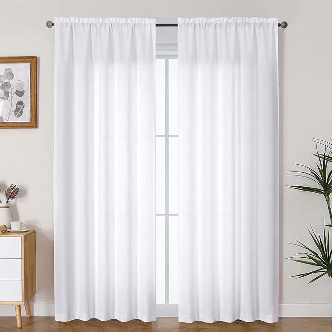 Lecloud Bessie White Curtains 84 Inches Long 2 Panels, Airy Faux Linen Textured Light Filtering Privacy Drapes with Rod Pocket, Soft Home Windows Decor for Living Room Bedroom, Each 50" W x 84" L