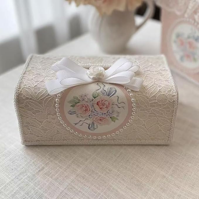 Tissue Cover Holder Fabric Art Cute Tissue Box Cover Dispenser Napkin Organizer for Bathroom Bedroom Office and Car (A-Beige)