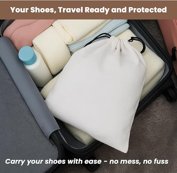 LFH Cotton Rich Shoe Storage Bags with Drawstring, Dustproof Breathable Reusable Organizer, Perfect For Travel, Dorm, Hotel, College, Gym, Easy to Carry, Machine Washable 8"x17" (Pack of 4) - White