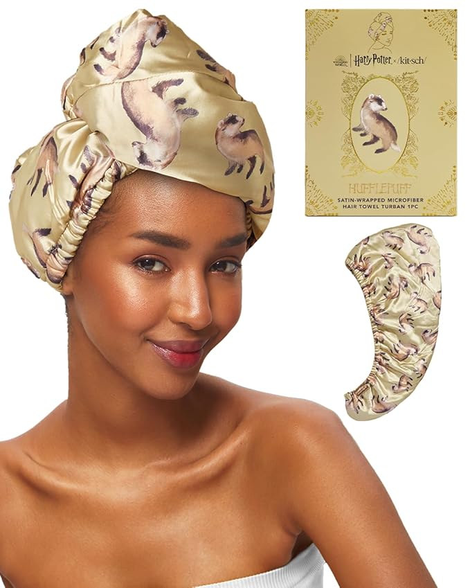 Kitsch Harry Potter x Satin Microfiber Hair Towel Wrap for Women - Super Absorbent, Quick Dry, Anti-Frizz, for Long & Short Hairs, Turbans for Women, Hair Wrap - Hufflepuff