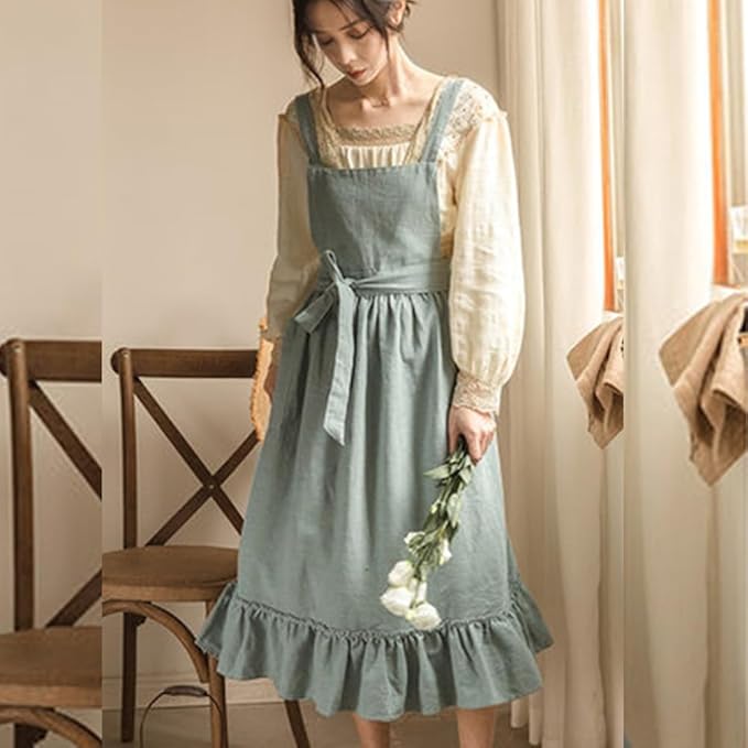 ODIZLI Frill Apron for Women Cotton Cross Back Vintage Ruffle Apron for Garden Cooking Aprons