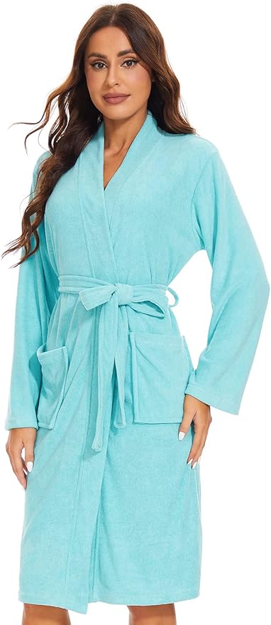 Knuffnee Women Bath Robes Terry Cloth Towel Robe Knee Length Bathrobe with Pockets