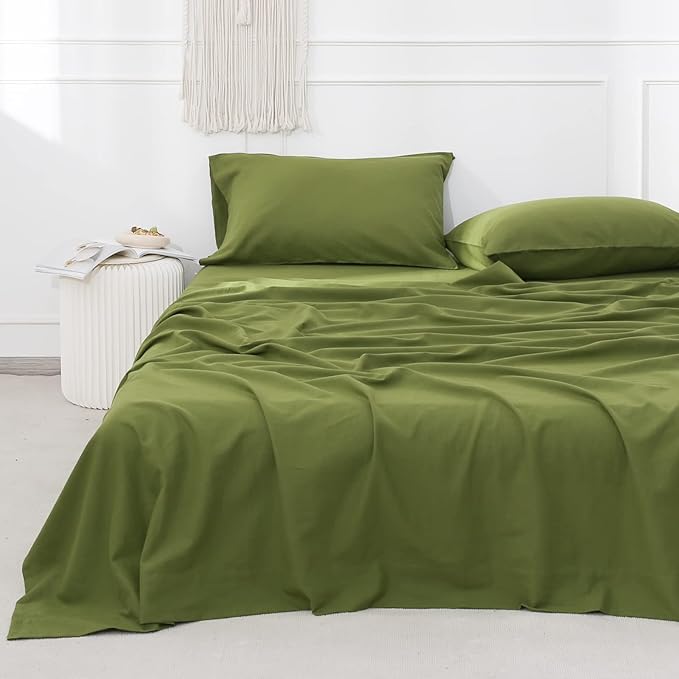 Simple&Opulence Belgian Linen Sheet Set Solid Color - 4 Pieces (1 Flat Sheet, 1 Fitted Sheet & 2 Pillowcases) Natural Flax Cotton Blend Soft Breathable Farmhouse Bedding - Full Size, Forest