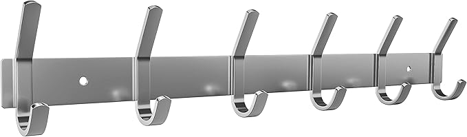 SAYONEYES Coat Rack Wall Mount – Brushed Nickel 17 Inch Stainless Steel Hook Rail with 6 Heavy Duty Double Coat Hooks – Wall Mounted Coat Hanger for Entryway, Bathroom, Bedroom, Towel, Hat Organizer
