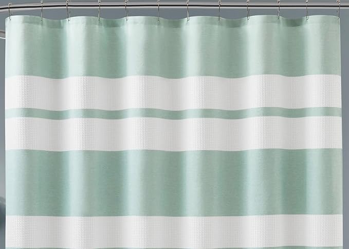 LinenZone 70" Wide x 72" Long Waffle Shower Curtain. Mint Green Shower Curtain with White Stripes. Adorable Stripes for Modern Or Hotel Decor. (Waffle 70 x 72 Mint)