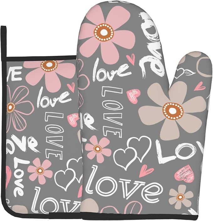 Pink Floral Blooming Oven Mitts and Pot Holders Set of 2, Heat Resistant Non Slip Love Heart Grey Kitchen Gloves Hot Pads, for Chef Cooking Grilling and Baking