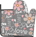 Pink Floral Blooming Oven Mitts and Pot Holders Set of 2, Heat Resistant Non Slip Love Heart Grey Kitchen Gloves Hot Pads, for Chef Cooking Grilling and Baking