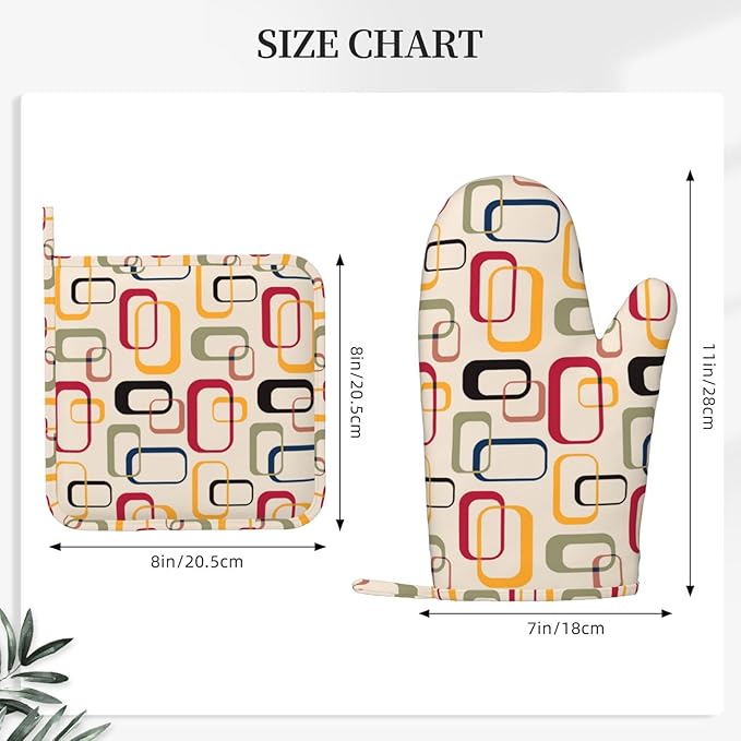 Mid Century Modern Retro Oven Mitts and Pot Holders Set of 4 Silicone Abstract Kitchen Mitten Gloves and Non-Slip Potholders Set Heat Resistant Oven Gloves Hot Holders for Kitchen