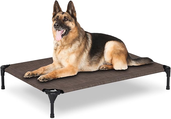 PVY Elevated Dog Bed for Outdoor, Large Raised Dog Cot with Washable Mesh, Cooling Pet Cot Chew Proof for Outside Camping, 42"x30" Brown