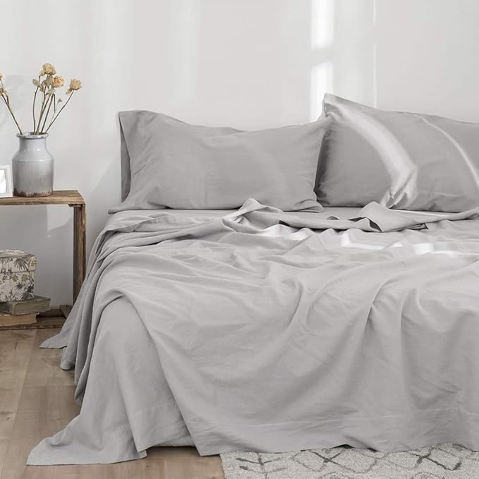 Simple&Opulence Belgian Linen Sheet Set Solid Color - 4 Pieces (1 Flat Sheet, 1 Fitted Sheet & 2 Pillowcases) Natural Flax Cotton Blend Soft Breathable Farmhouse Bedding - Queen Size, Grey
