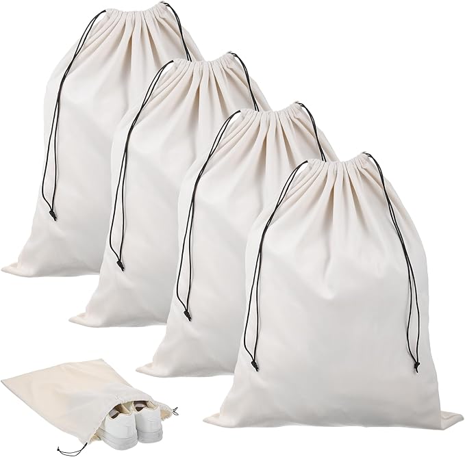 4 Pack Shoe Bags for Travel Packing - Drawstring Sneaker Travel Bags - Cotton Cloth Shoe Dust Bag for Storage & Luggage Washable Dust Cover Bag for Boots and Dress Shoes (Medium: 19"x15")