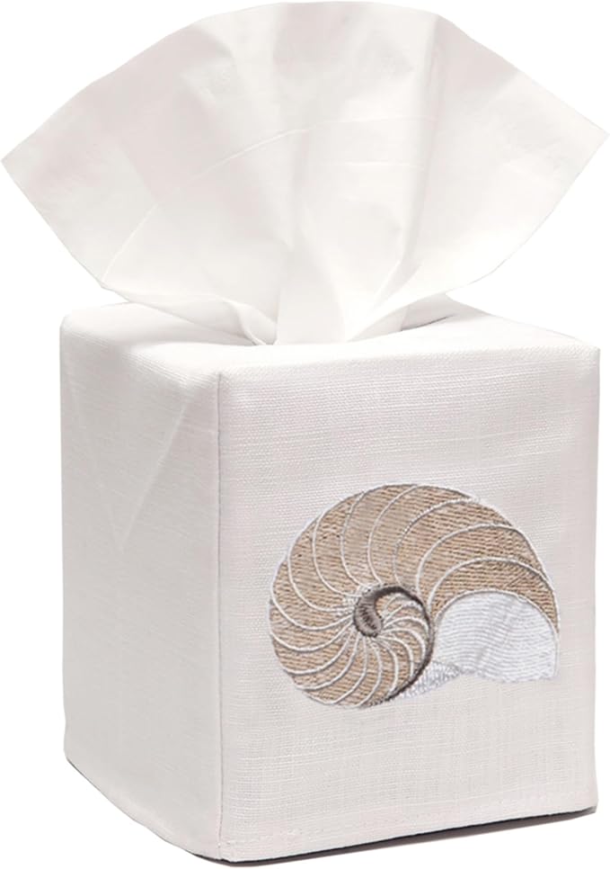 Jacaranda Living Square Tissue Box Cover, Linen/Cotton Fabric Tissue Holder, Decorative Cloth Tissue Cube Cover, Coastal Designs Striped Nautilus (Beige)