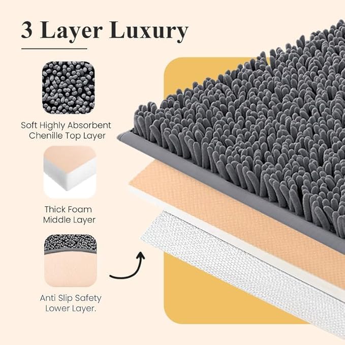 MAYSHINE Chenille Plush Extra Long Bath Mat Runner, 1 INCH Pile, Charcoal Gray, 59x31 inches, Machine Washable, Non-Slip
