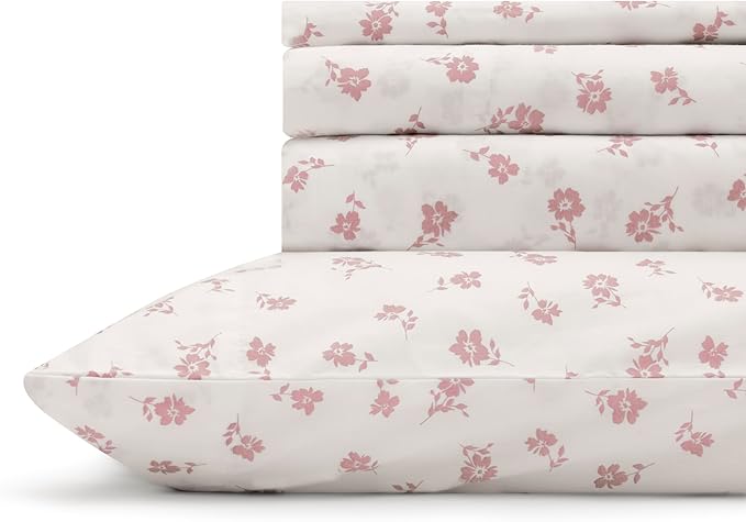 Linen Home 100% Cotton Printed Percale Sheets King Size, Deep Pocket, 4 Pieces Set - 1 Flat, 1 Deep Pocket Fitted Sheet and 2 Pillowcases, Crisp Cool and Strong Bed Linen, Mauve Silhouette Floral