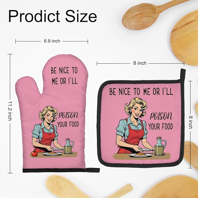 DYJYBMY Be Nice to Me Or I'll Poison Your Food Funny Oven Mitts and Pot Holder Set, Vintage Pink Kitchen Gadgets for Women, Baking Gifts for Mom Sister BFF Chef Friend Hostess Housewarming Gifts