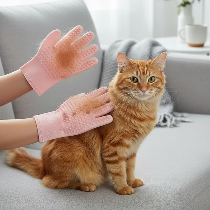 2 Pairs Pet Grooming & Hair Removal Gloves for Dogs & Cats, Electrostatic Silicone Mitts with Soft Bristles, Enhanced 5-Finger Design for Pet Massage, Deshedding & Coat Care, Easy to Use & Clean(Red)